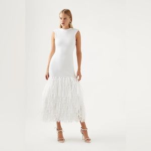 Aje White Rushes Raffia-Trimmed Knit Midi Dress